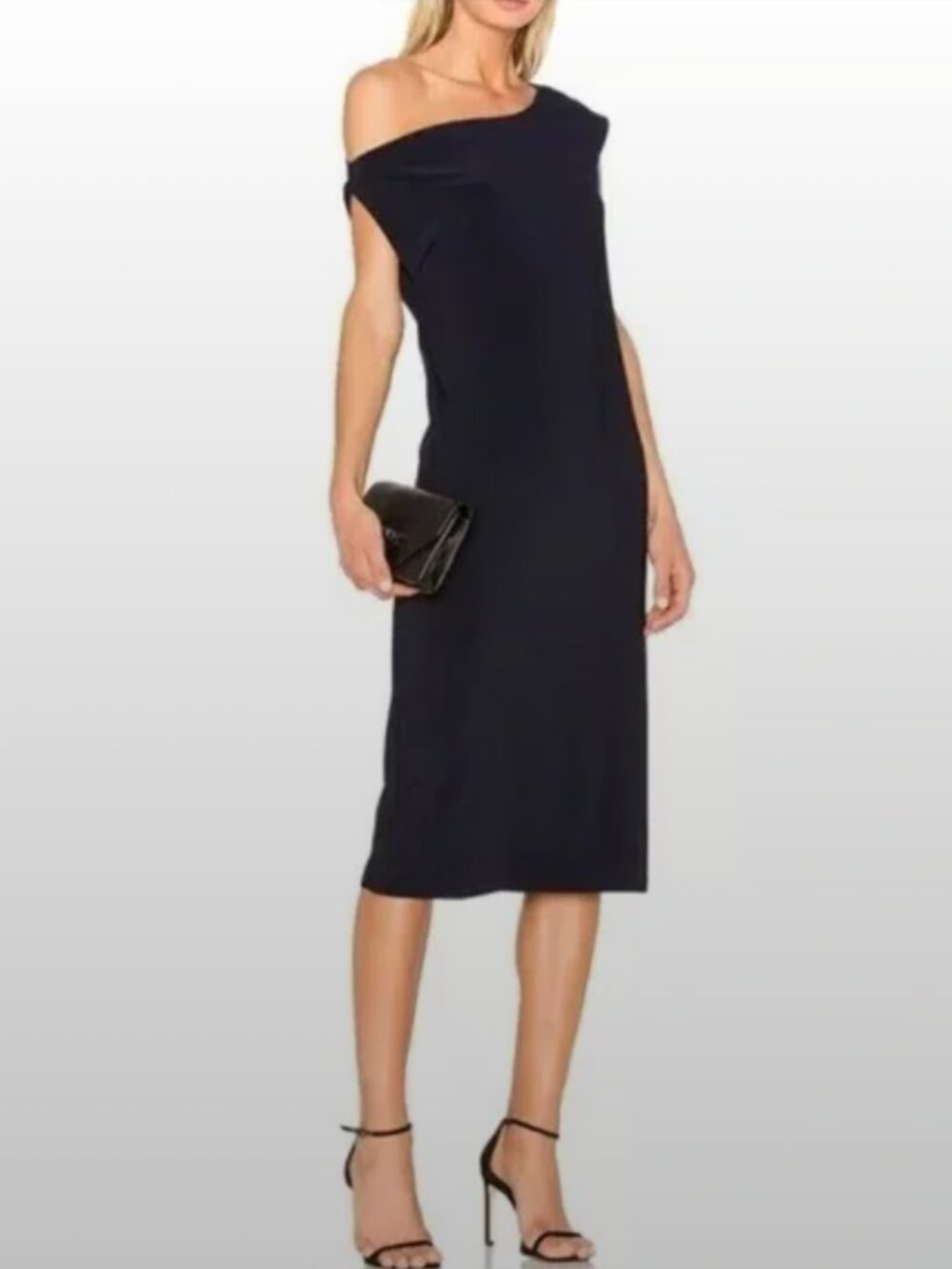 NORMA KAMALI Drop Asymmetric One Shoulder Modern Slinky Midi Dress - Navy Blue S